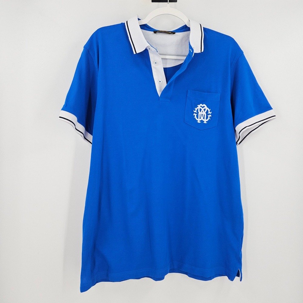Roberto Cavalli Polo Shirt Blue White Embroidered Crest Preppy Soccer Golf Sz XL